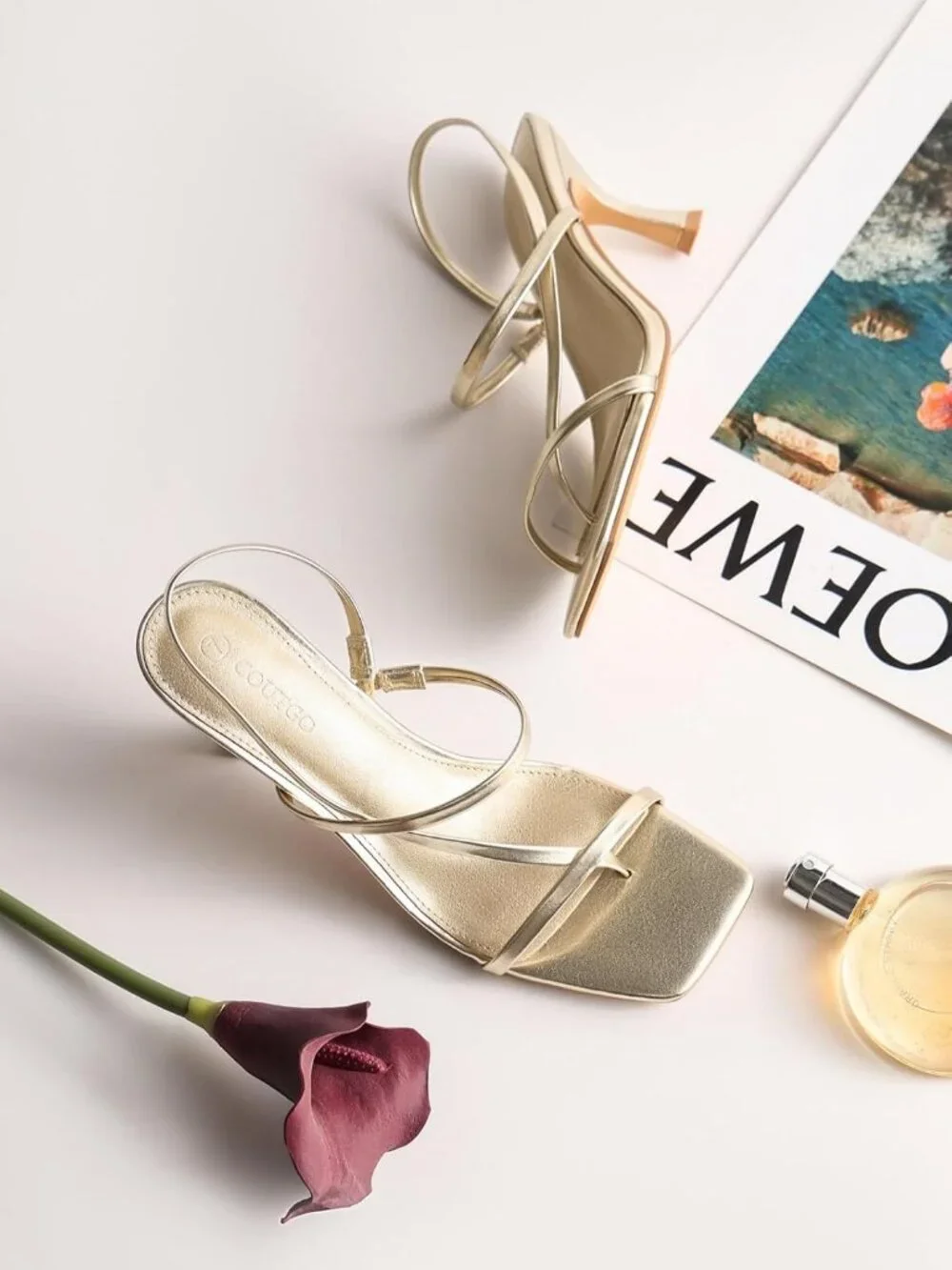 Women's Gold Strappy Kitten Heels Sandals Square Open Toe Flip Flops Shoes